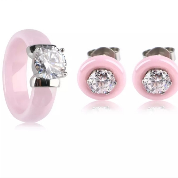 NEW Pink Ceramic Diamond Engagement Ring - Picture 7 of 16